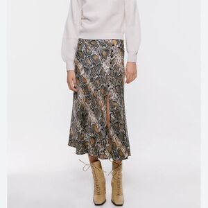 Zara Snake Print Midi Slip Skirt Front Slit Button Detail Casual Size Small